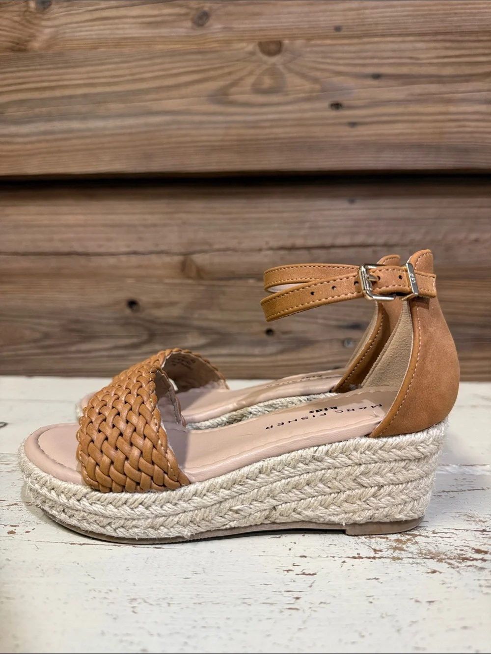 Marc Fisher Tan Woven Espadrille Wedge Sandal with Ankle Strap
